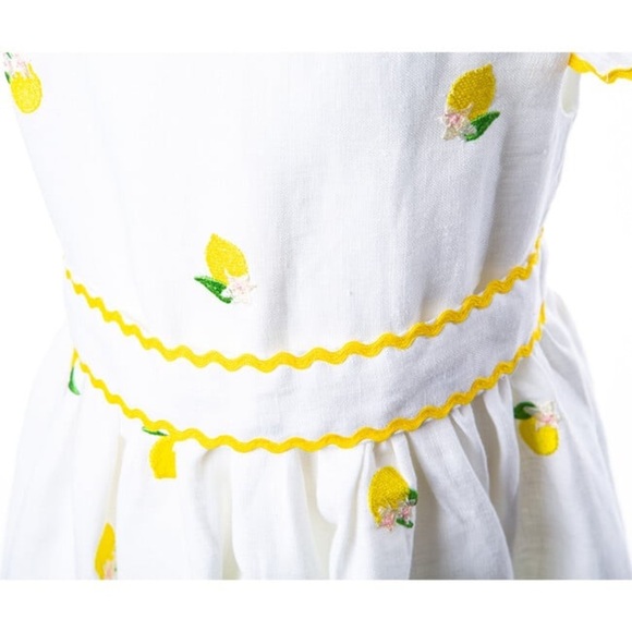 Sorci and Fofa Girls 6 Embroidered Lemon Flutter Sleeve Ric-Rac Linen Dress - Picture 3 of 16